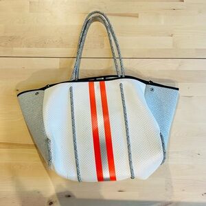 Haute Shore Greyson White Neoprene Tote Bag with Orange & Silver Stripes